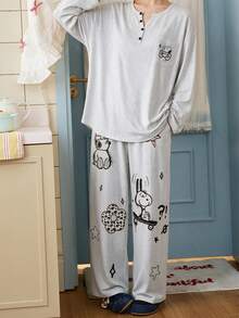Gongdie 2 Pieces Snoopy Women Pajama Set,Fall Gray Soft Cotton Loungewear With Henley Neckline And Doodle Cartoon Print - Light Grey - View 9