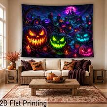2D Flat - 1pc QD_VIVIOS Halloween Pumpkin Castle Night Scene Print Black Light UV Reactive Fluorescent Wall Tapestry Bedroom Decor Dorm Decor - Multicolor - View 4