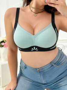 1pc Seamless Colorblock Lift-Up Plus Size Wire-Free Push-Up Anti-Sagging Side-Smoothing Bra, European And American Style - Green - View 4