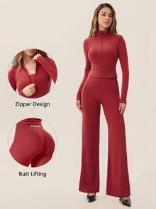 TimeOff Women's One Set Autumn/Winter Solid Color Stand Collar Jacket & High Waist Straight Leg Wide Leg Pants - Burgundy - View 1