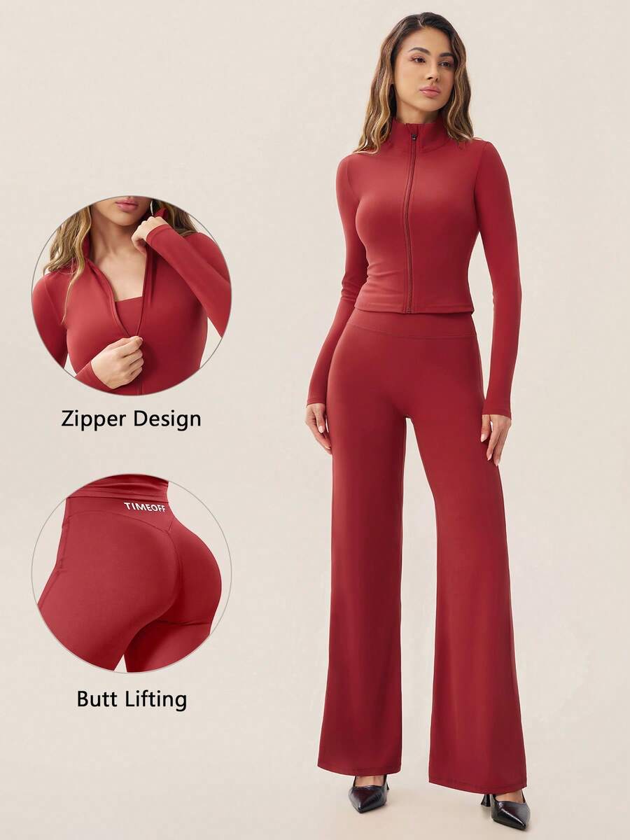 TimeOff Women's One Set Autumn/Winter Solid Color Stand Collar Jacket & High Waist Straight Leg Wide Leg Pants - Burgundy - View 1