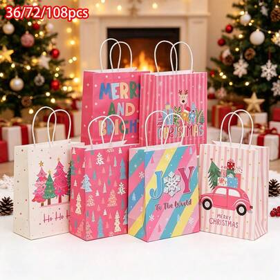 36/72/108pcs Pink Christmas Kraft Paper Shopping Bags, Holiday Printed Tote Bags Suitable For Shopping, Party And Gift Packaging, Includes Christmas Stickers