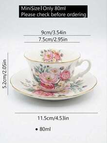 1pc 80ml Mini Espresso Cup With Saucer, Vintage Rose Floral Ceramic Coffee Cup, Korean Ins Style, Gold Rim Design, Suitable For Coffee, Tea, Latte, Home Decor And Gift - White - View 3