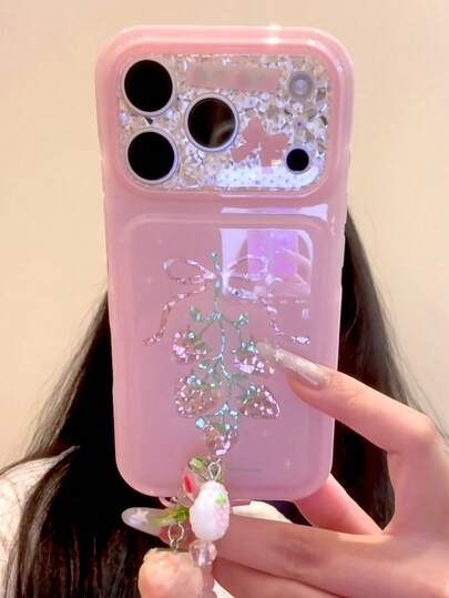 Pink Rhinestone Bow Strawberry Phone Case Compatible With Iphone 17 Pro Max, 16, 15, 15 Pro, 17, 16 Pro, Korean Style Shockproof Protective Cover