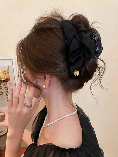 1個 ブラック ピンク ホワイト ダブルレイヤー シフォン ハートペンダント ヘアクリップ、女性用 オーバーサイズ ラッフル シアーメッシュ ヘアクリップ、ミニマリスト エレガント スイート クールスタイル ヘアアクセサリー