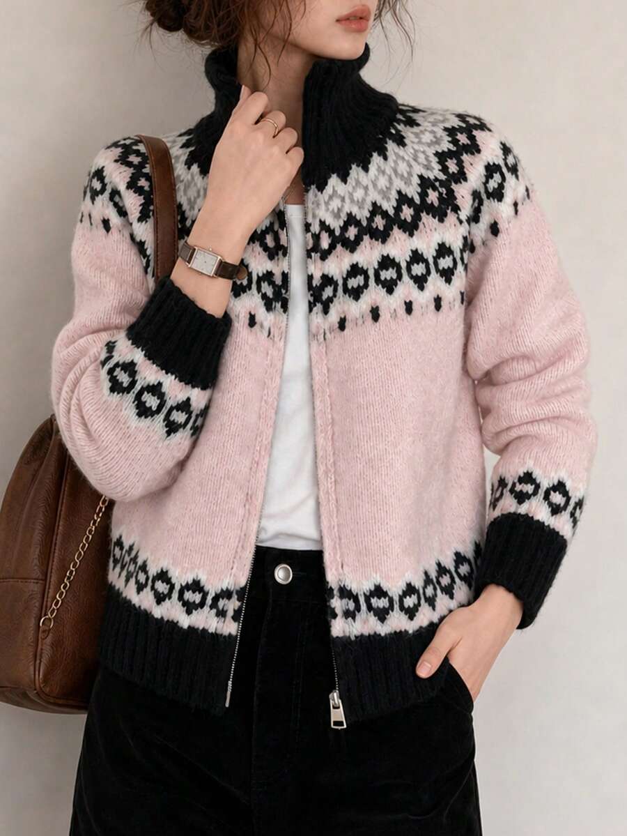 Jaket Kardigan Rajut Wanita Kasual Musim Gugur/Dingin, Lucu, Longgar, Bermotif Vintage, Kerah Berresleting, Warna Pink - Berwarna merah muda - View 1