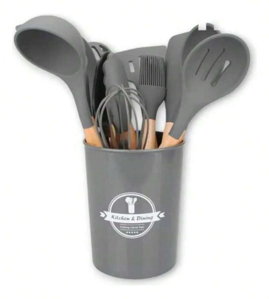 Kit De Cozinha 12 Utensílios Silicone Concha Colher - Cinza - Visão 1