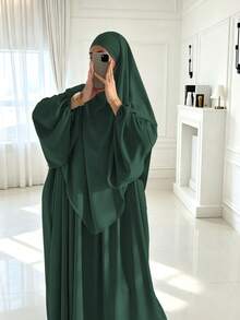 2pcs/Set Khimar+Abaya) Soft Muslim Prayer Outfit, Long Abaya With Matching Hijab, Casual Outing Essential Fashion Item (Hijab+Dress) - Multicolor - View 16