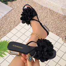 Sandalias de moda con decoración floral para mujer, casuales versátiles para playa de verano, con tacón de cristal, estilo minimalista - Negro - Ver 1