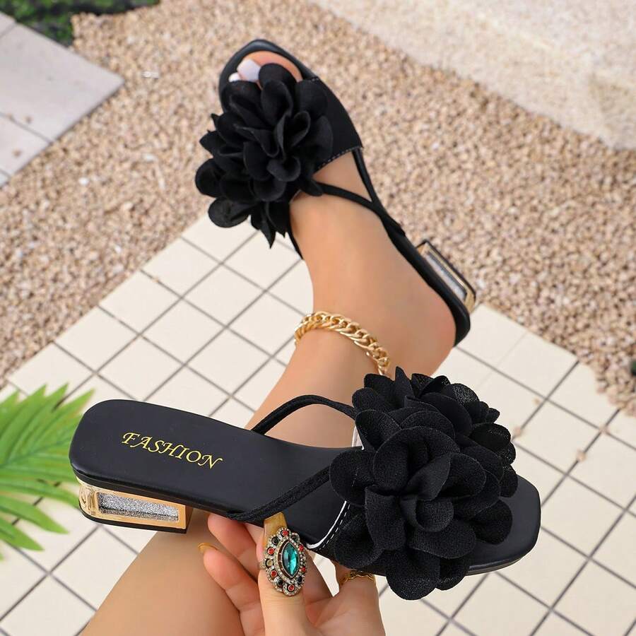 Sandalias de moda con decoración floral para mujer, casuales versátiles para playa de verano, con tacón de cristal, estilo minimalista - Negro - Ver 1