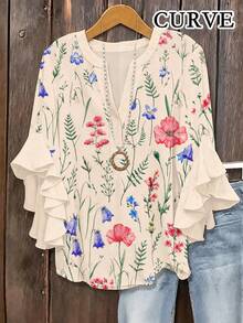 Plus Size Printed Shirt, Layered Ruffle Short Sleeve, Round Neck Design, Bohemian Style Spring Regular Fit Women's Top Vacation Summer - Apricot - View 1