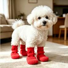 4pcs/Set Waterproof Pet Dog Shoes (Random Style), Non-Slip Soft Sole Scratch-Resistant, Washable And Reusable, Durable Pet Shoes Suitable For Bichon, Corgi And Other Dog Breeds, Pet Boots For Rainy, Snowy And Hot Road Surfaces, Rainy Day Pet Shoes - Red - View 3