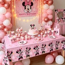 Pink Cartoon MN Birthday Party Disposable Tablecloth, Rectangular Waterproof Mini Tablecloth Cover For Indoor Outdoor Party Supplies Birthday Party Decorations - As Shown In the Figure - View 2