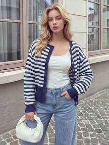 Women's Soft Knit Striped Faux Wrap Cardigan Style Sweater, Round Neck Faux Button Detail Ribbed Hem Short Knit Top - Navy Blue - View 1