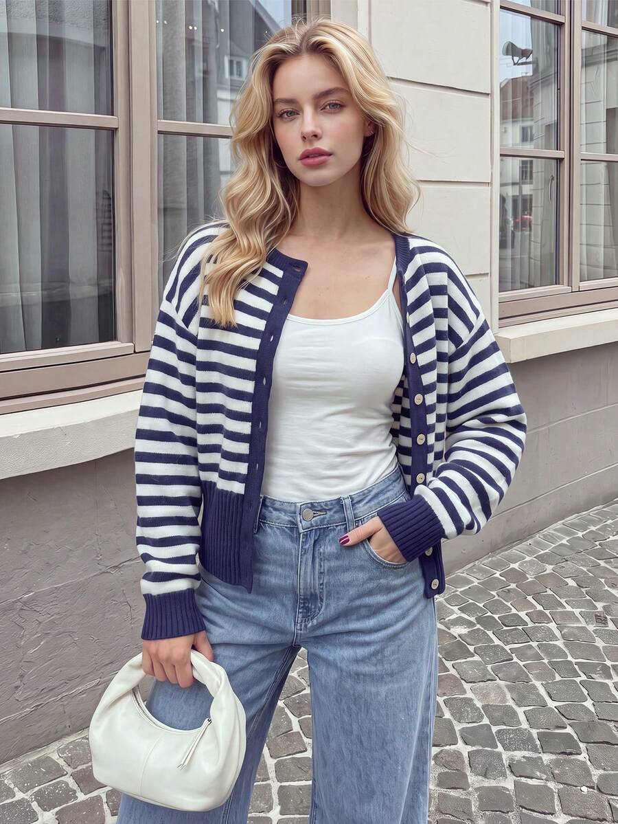 Women's Soft Knit Striped Faux Wrap Cardigan Style Sweater, Round Neck Faux Button Detail Ribbed Hem Short Knit Top - Navy Blue - View 1