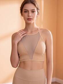 CELILIN Women's Halter Mesh Seamless Bra, Ribbed Crisscross Back Crop Tank Top For Summer Outfits, Yoga & Casual Wear - Apricot - View 3