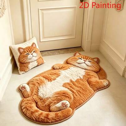 1pc Lying Orange Cat Long Shaped Rug, Ins Style 2D Flat Cute Cat Carpet, Cartoon Kitten Mat, Asymmetrical Size, 1-5cm Cutting Error, Soft And Comfortable, Suitable For Living Room, Bedroom, Bedside, Leisure Area, Minimalist Cute Design, Asymmetrical Small Rug, Home Decor, Decorative Carpet, Bedroom Decor, Small Rug, Carpet, Home Decor, Living Room Carpet, Living Room Small Rug, Bedroom Carpet, Living Room Home Decor, Outdoor Carpet, Washable Rug, Area Mat
