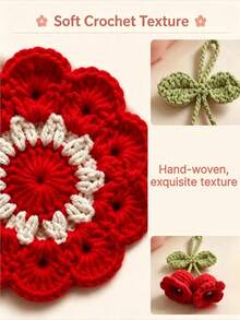 Handmade Flower Crochet Coaster Set With Hanging Ornament, Cute Red Floral Knitted Drink Coaster, Heat Resistant Table Mat For Coffee Mug, Aesthetic Home Desktop Decor - Multicolor - View 6