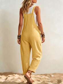 Yellow Women's Maternity Jumpsuits - Non-Stretchy Sleeveless Pocketed Overalls For Daily Casual - Yellow - View 2