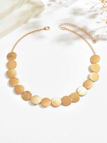 1pc Fashion Minimalist Metal Texture Geometric Disc Patchwork Necklace, Simple Versatile Design With Textured Disc Loop Patchwork Choker, Suitable For Women's Daily, Vacation, And Party Wear - Gold - View 5