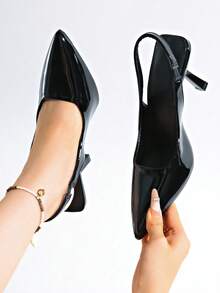 1 Pair 2026 New Black High Heels, Teen Prom, Elegant Buckle Decoration, French Style Office Wear - Black - View 3