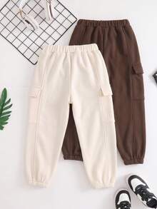 2pcs Celana Jogging Kasual Minimalis untuk Anak Laki-Laki, Berlapisan Termal, dengan Kantong dan Ujung Manset, Musim Gugur/Dingin - MultiWarna - View 2
