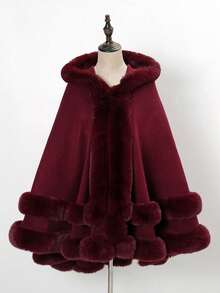 1PC Acrylic Knitted Fabric European And American Autumn And Winter New Faux Rabbit Fur Collar Hooded Hem Fringed Shawl Cape Extended Coat - Multicolor - View 9