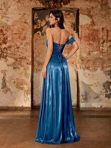 Summer/Autumn Elegant Asymmetric One-Shoulder Cinched Waist Pleated Shiny Satin High Slit A-Line Long Evening Gown, Backless Tie Design, Suitable For Wedding Guest Party - Teal Blue - View 3