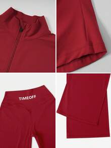 TimeOff Women's One Set Autumn/Winter Solid Color Stand Collar Jacket & High Waist Straight Leg Wide Leg Pants - Burgundy - View 4