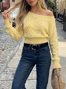 Women's Cold Shoulder Short Pullover Sweater, Decve Fitted Hem, Suitable For Spring Wear, Medium Stretch Knit Fabric - Yellow - View 4