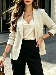 Eleganter Vintage Damen Blazer, Aprikot klassischer Ein-Knopf Langarm Lässig Anzugjacke, Slim Fit Pendler Büro Oberbekleidung, einfarbiger Revers Blazer, geeignet für tägliche Business Streetwear - Aprikosenfarben - Übersicht 9