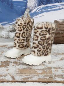 1 Pair Autumn/Winter New Random Leopard Print Decor Casual Fashion Round Toe Mid-Calf Back Zipper Design Girls' Boots - White - View 1