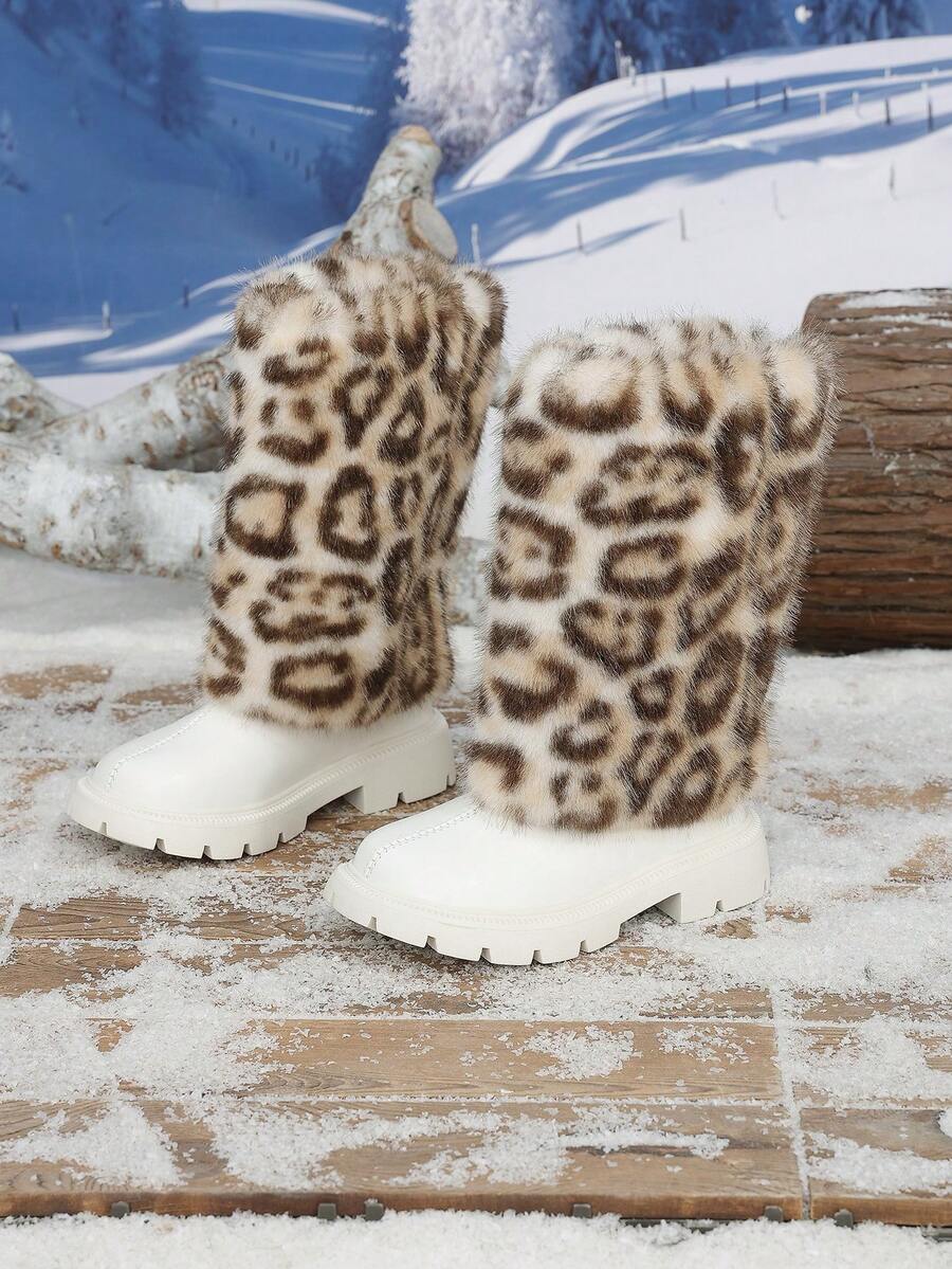 1 Pair Autumn/Winter New Random Leopard Print Decor Casual Fashion Round Toe Mid-Calf Back Zipper Design Girls' Boots - White - View 1