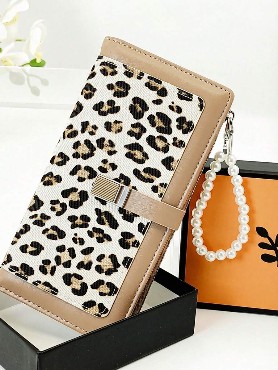 Women's Wallet Simple Cute Kitten Pattern Coin Purse Multi-Functional Card Holder With Multiple Card Slots Money Bag Exquisite Gift Box Packaging Mini Pearl Handle Leopard Print Wallet - Apricot - View 1