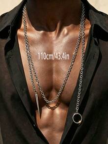 1pc Men's Pendant Necklace, Silver Metal Material O-Ring Rivet Pendant, Personalized Necklace Suitable For Party And Gathering Wear - Multicolor - View 3