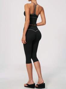 NcmRyu Women's One Set Contrast Color White Line Spaghetti Strap V-Neck Y-Back Tank Top & Butt-Lifting Mid-Length Shorts Sports Set - Black - View 9