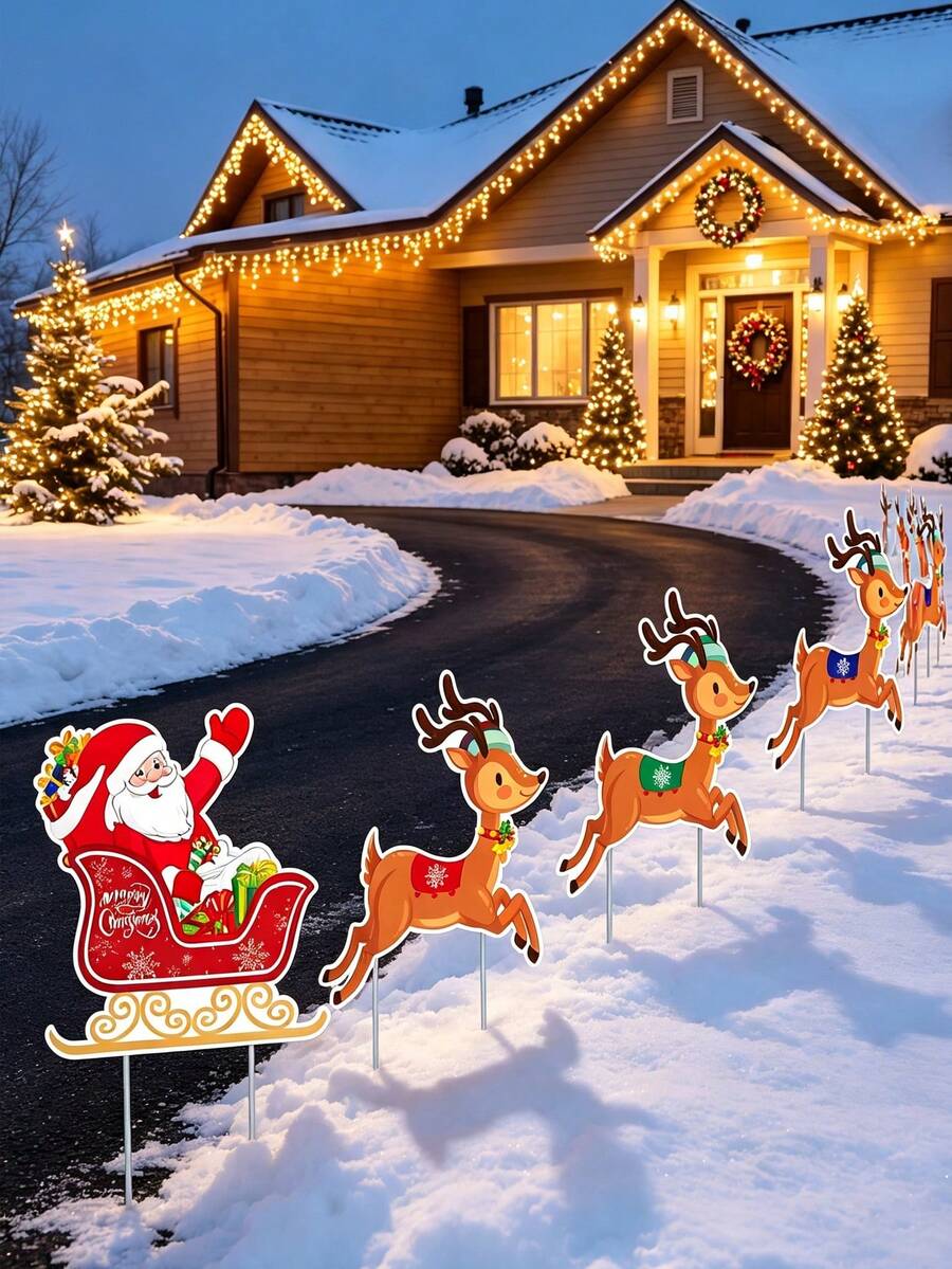 Christmas Yard Lawn Pathway Sign, Holiday Party Decoration Santa Claus Sleigh Reindeer, Garden Stake, Create Unique Christmas Atmosphere - A - View 1