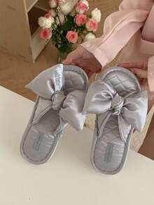 XIXITIAO Sandal Rumah Wanita Mewah dengan Pita Satin, Sandal Datar Lembut dan Nyaman untuk Dalam Ruangan - biru keabu-abuan - View 2