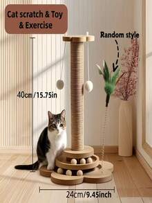 1pc 4-In-1 Natural Sisal Rope Cat Scratching Post With Sturdy Wooden Base, Modern Anti-Tip Cat Activity Center With Interactive Ball Track And Toys, Furniture Protector, Indoor Puzzle Toy For Kittens And Adult Cats - Multicolor - View 5