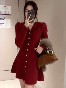 Y6Y 2026 New High-End Elegant Style Women's Early Autumn Short Red Knit Dress - Red - View 1