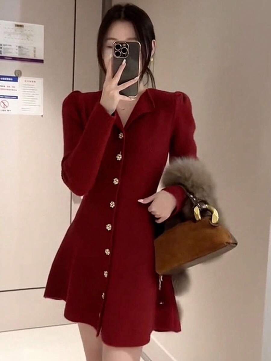 Y6Y 2026 New High-End Elegant Style Women's Early Autumn Short Red Knit Dress - Red - View 1