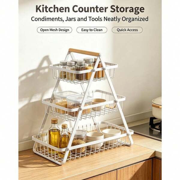 Scaffale portafrutta a 2/3 ripiani a forma di A, disponibile in due dimensioni. Cestino portaoggetti da tavolo in ferro antiruggine con manico in legno, supporto portaoggetti minimalista traforato in nero e bianco, adatto per conservare frutta, verdura, snack e spezie in cucina.