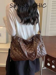 Classic Quilted Embossed Decor Durable Multi-Compartment Zipper Closure Relaxed Vintage Tote Bag, Professional Outdoor Travel Bag, Handheld Shoulder Crossbody Bag, Elegant Texture Women's Bag - Coffee - View 7