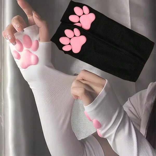 Lindas Manoplas de Silicona 3D con Patas de Gato Rosadas, Suaves, Sin Dedos, Esponjosas, con Protección, Guantes Largos para Mujer CRL7