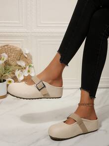 Women's Round Toe Woven Mary Jane Closed Toe Half-Slippers With Metal Buckle, Soft Sole Slouchy Slip-On Flat Mule Sandals For Outdoor Wear - Beige - View 6