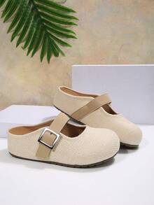 Women's Round Toe Woven Mary Jane Closed Toe Half-Slippers With Metal Buckle, Soft Sole Slouchy Slip-On Flat Mule Sandals For Outdoor Wear - Beige - View 3