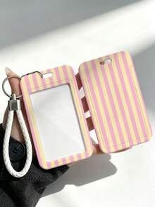 New Minimalist Striped Pattern (Random Print Distribution) Card Holder (Card Holder + Keychain), Suitable For Student ID, Meal Card, Bus/Metro Card And Access Card, With Bag Hanging, Keychain, Wallet And Bank/Credit Card Storage Functions, Equipped With Sliding Cover Design And Lanyard, Made Of Durable Plastic Material, Sturdy And Long-Lasting, Effectively Protects Work ID, Essential For Holiday Travel And University Life - Multicolor - View 7