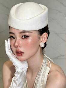 1件純色貝雷帽，優雅高端法式白色裝飾帽，適合婚禮、派對、空服員，女性配件 - 彩色 - 查看 2