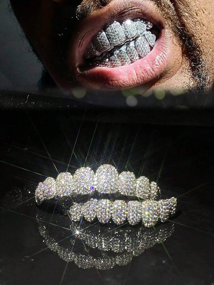 THATBOY 2pcs CZ Grillz Teeth Covers Set, 10 Teeth Coverage, Hip Hop Rapper Cosplay Shiny Punk Teeth Caps, Instant Smile Upgrade, Unisex