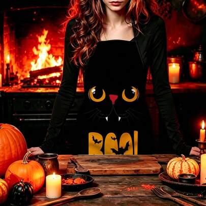 1pc Halloween Cute Fanged Black Cat Print Apron, Featuring Funny Big Eyes Black Cat BOO Pattern, Durable Cooking Apron Suitable For Bakers, Cake Decorators, BBQ Enthusiasts, Gardeners, Painters, Nail Artists - Perfect Gift For Home And Professional Chefs